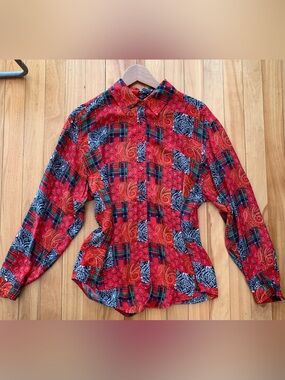 Red Patchwork Button-Down Shirt- 100% Silk